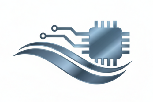 un icono minimalista (por ejemplo una onda o chip estilizado con color azul gris metalico